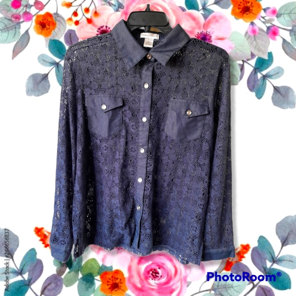 Vintage Navy Lace Button Up